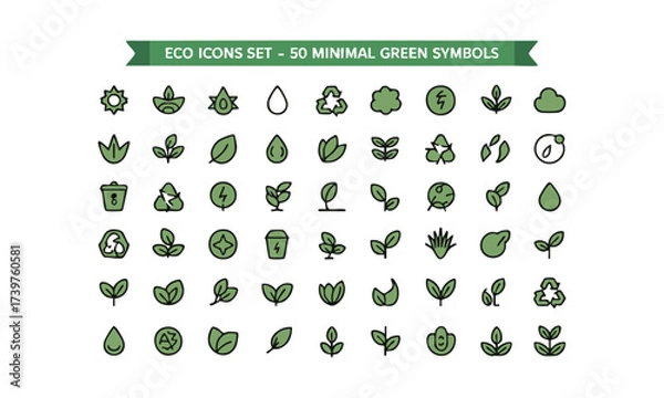 Fototapeta Eco Icons Set 50 Minimal Green Symbols, Flat Vector on White, eco icon set, easily editable and scalable.