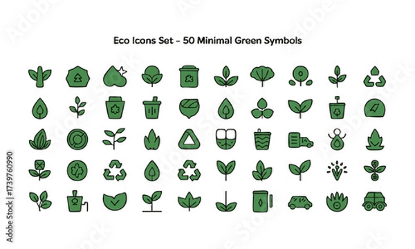 Fototapeta Eco Icons Set 50 Minimal Green Symbols, Flat Vector on White, eco icon set, easily editable and scalable.