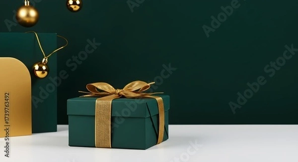Fototapeta Luxurious Green Christmas Gift Box with Golden Ribbon and Ornaments