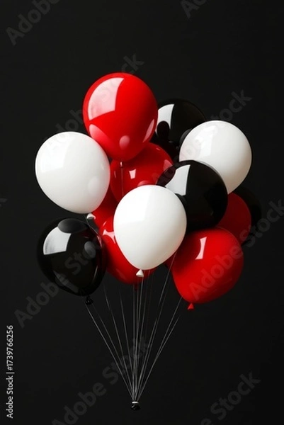 Fototapeta A cluster of red, white, and black balloons rises joyfully against a dark background, perfect for celebrating a special birthday occasion
