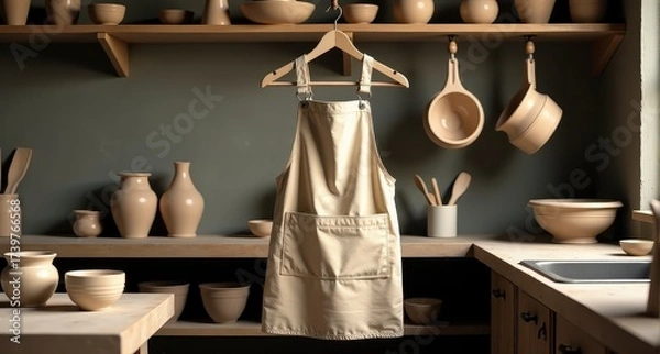 Fototapeta A rustic kitchen features hanging pots, shelves with pottery, and an apron in the center.