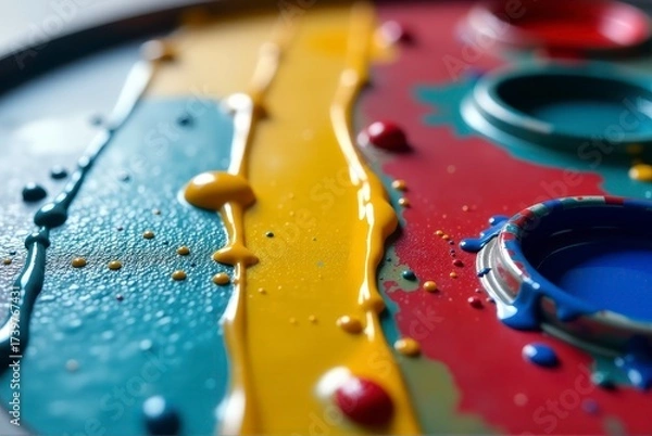 Fototapeta Closeup of vibrant paint droplets on a rainbowstriped surface highlighting texture and color contrast.