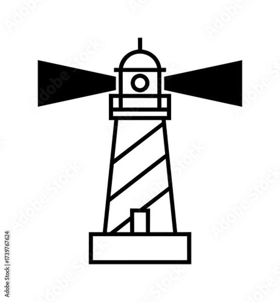 Fototapeta Vector art of black and white lighthouse icon shining light