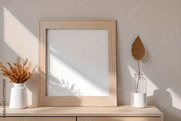 Fototapeta Blank photo frame on wall in minimal autumn room