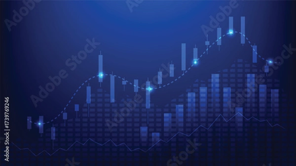 Fototapeta stock market investment. candlesticks chart and bar graph on blue background. business and finance growth