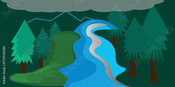 Fototapeta Forest Scene with River Running Through – Vector Illustration for Nature Lovers