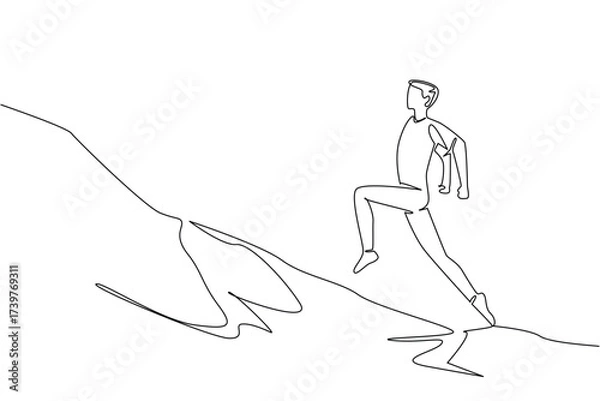 Fototapeta Continuous line drawing of a young man hiking uphill, symbolizing outdoor exploration and perseverance, created for National Trails Day with a nature concept design style.