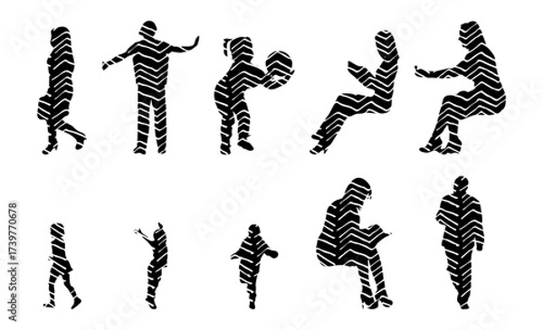 Obraz Vector illustration, Outline silhouettes of people, Contour drawing, people silhouette, Icon Set Isolated , Silhouette of sitting people, Architectural set