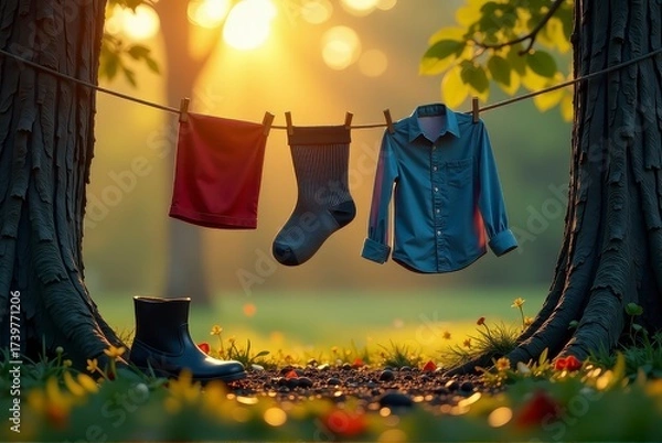 Fototapeta Sunlit forest clearing with clothes hanging on a line between two trees, surrounded by grass and flowers.