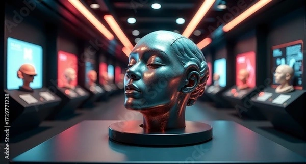 Fototapeta A shiny robotic head sculpture is showcased in a sleek, futuristic gallery with illuminated displays.