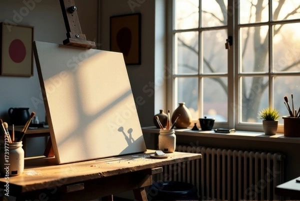 Fototapeta Sunlit artists studio featuring a blank canvas and warm natural light in the morning.