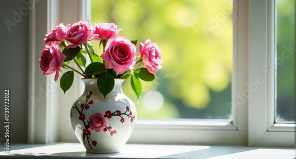 Fototapeta A vase filled with pink roses sits on a windowsill with bright sunlight outside.