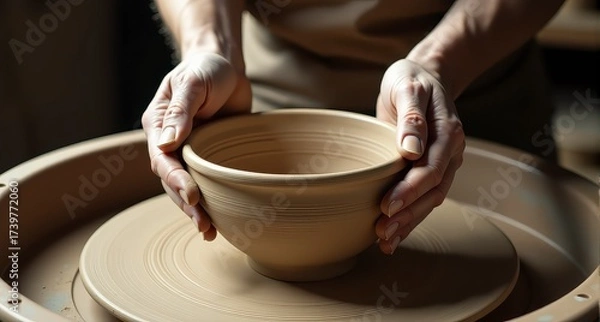 Fototapeta Hands molding a clay bowl on a pottery wheel, showcasing craftsmanship and art creation.