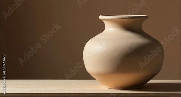 Fototapeta A textured ceramic vase sits on a wooden table, illuminated by soft natural light.
