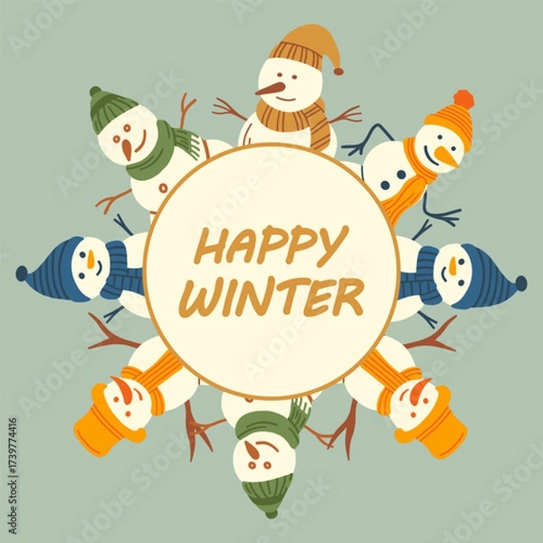 Fototapeta Round Christmas frame of cute snowmen isolated on a green background. Vector illustration. Perfect for cards, invitations, decorations, and flyers.