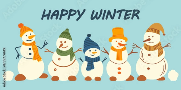 Fototapeta Happy winter! Vector greeting template. Christmas winter greeting card with cute snowmen. Vector illustration.