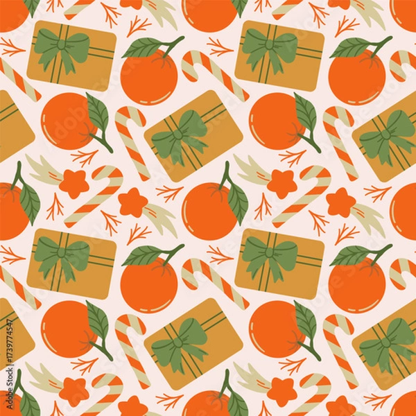 Fototapeta Seamless vector pattern with oranges and gifts. Perfect for textile design, wallpaper, or printmaking.