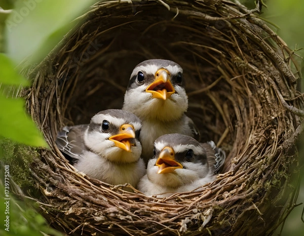 Fototapeta bird babies inside the nest in the forest, bird in nest