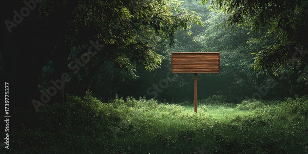 Obraz Wooden sign board standing in forest glade with sunlight - AI generated