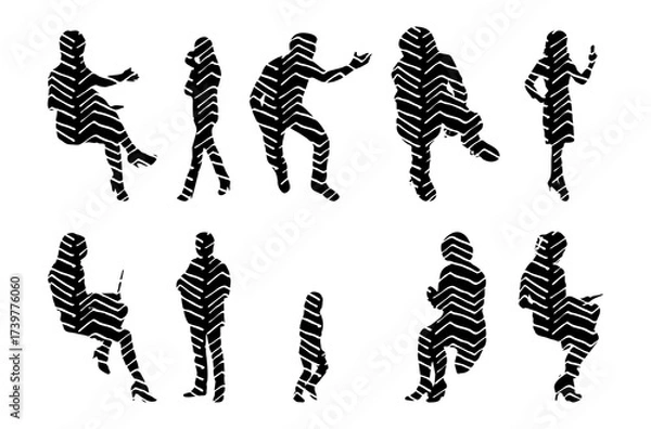 Obraz Vector illustration, Outline silhouettes of people, Contour drawing, people silhouette, Icon Set Isolated , Silhouette of sitting people, Architectural set