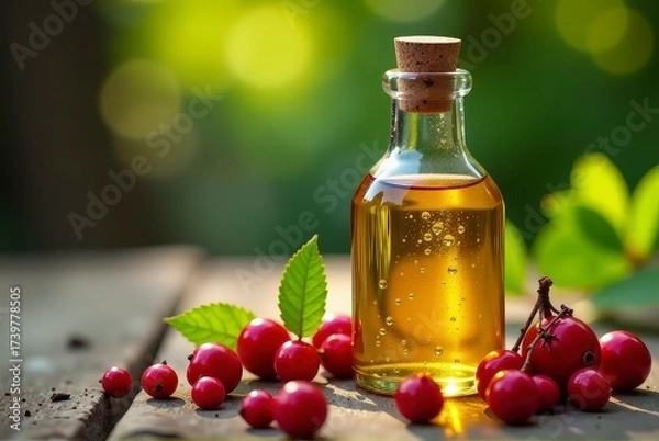 Fototapeta A bottle of cherry oil with fresh cherries around it on a rustic wooden table in natural light.