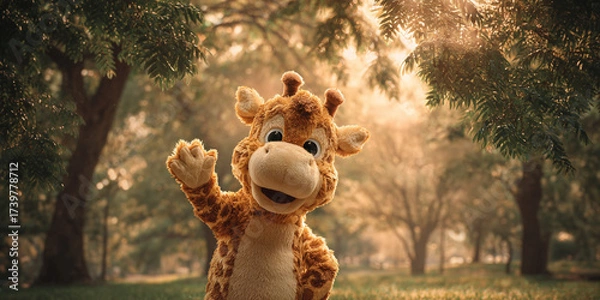 Obraz Costumed giraffe mascot waving outdoors in sunny park, cheerful festival event background - AI generated