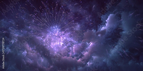 Obraz Fireworks explosion in purple clouds, surreal festive celebration holiday concept - AI generated