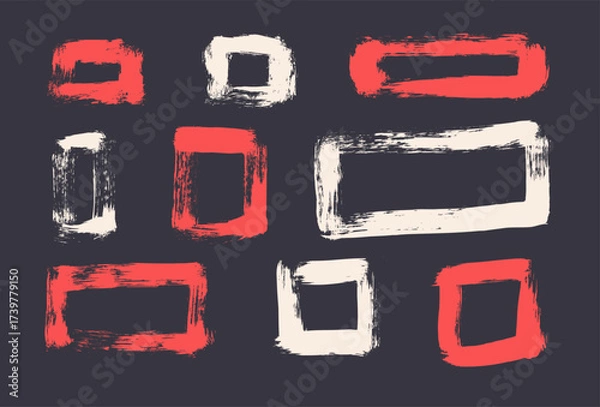 Fototapeta Acrylic paint square shapes brush stroke set. Red and white paint rectangle frames elements on black background. Grunge textured geometric pattern. Rough scribble figures. Vector illustration.