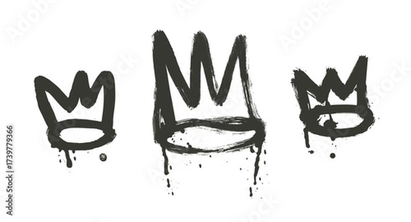 Fototapeta Crown black brush stroke drawn set. Spray graffiti paint elements isolated on white background. Grunge brush textured shapes. Urban street doodle figures and scribbles. Vector illustration.