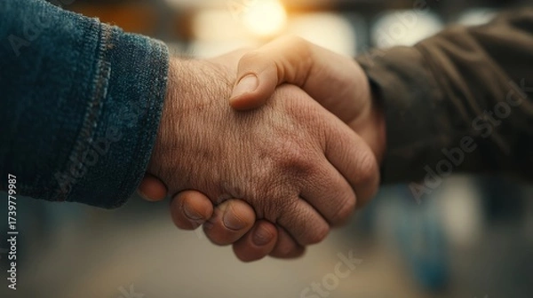 Fototapeta Two individuals shaking hands in a professional setting, symbolizing a business agreement, partnership, deal, teamwork,