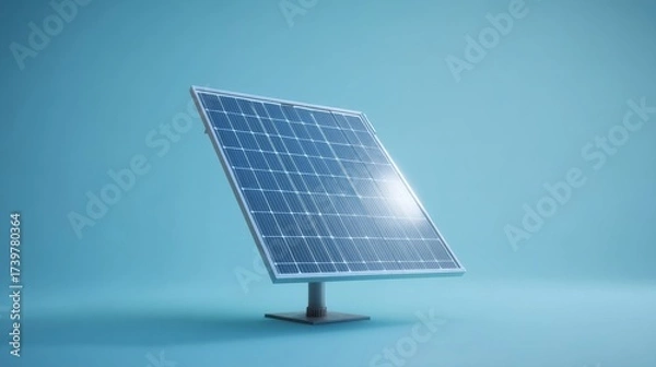 Fototapeta A sleek solar panel angled against a blue backdrop emphasizes its modern design and clean energy features.