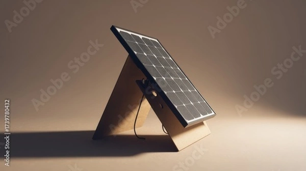 Fototapeta Portable solar panel angled for sunlight exposure on sturdy cardboard base with switch and cable ideal for outdoor use r