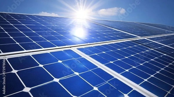 Fototapeta An array of solar panels installed outdoors under clear skies with the sun shining down on them,