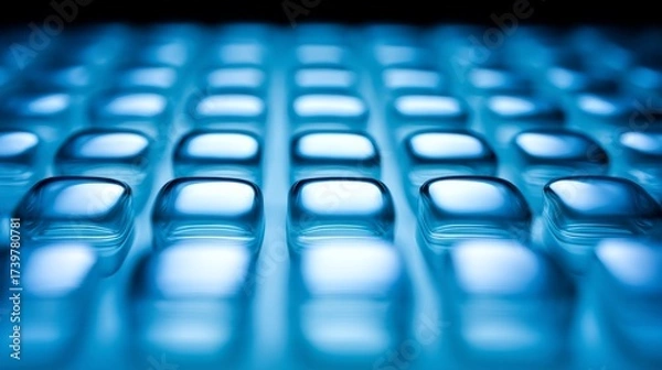 Fototapeta A close-up view of glossy square keycaps on a computer keyboard illuminated by soft blue backlighting,