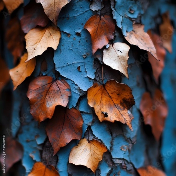 Fototapeta Autumn leaves climbing on a blue bark tree trunk in a fall season