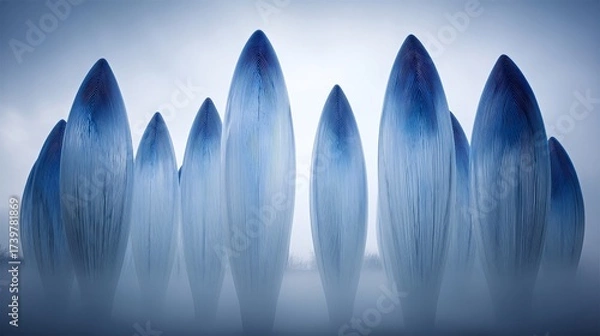 Fototapeta Abstract sculpture installation featuring sleek conical structures with textured vertical lines in cool blue tones,