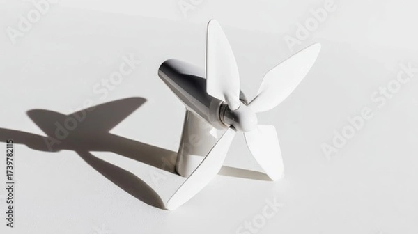 Fototapeta A sleek three-dimensional model of a modern desk fan with four white blades and a cylindrical handle,