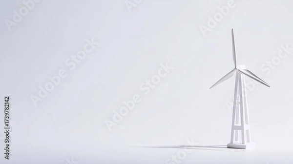Fototapeta A sleek wind turbine model with three blades stands against a plain white background,