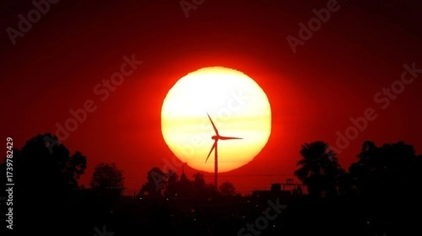 Fototapeta Bright red sunset behind wind turbine silhouettes on desert landscape with sparse trees and buildings,