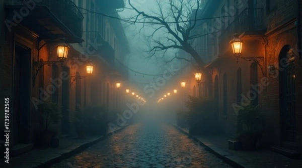 Fototapeta Empty cobblestone street with glowing lanterns and drifting fog creating a mysterious Halloween atmosphere with gentle orange light

