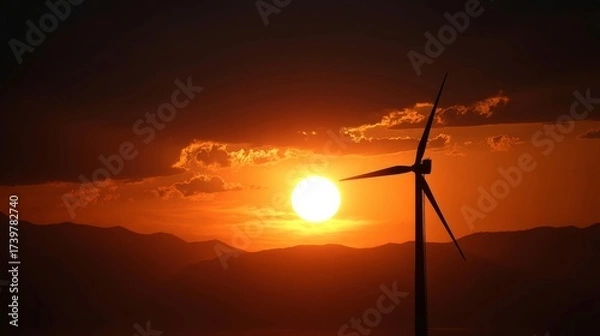 Fototapeta A large wind turbine stands silhouetted against a vibrant orange sunset sky with mountain ridges fading into the horizon