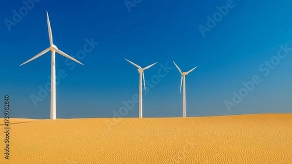 Fototapeta Three white wind turbines stand tall in a vast desert landscape under a clear blue sky,