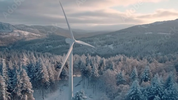 Fototapeta Majestic snow-covered landscape at dawn or dusk featuring a tall wind turbine with three long blades amidst a dense fore