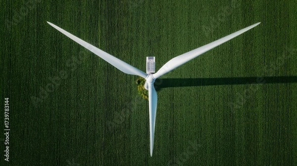Fototapeta Overhead view of a modern wind turbine in a green agricultural field with neatly arranged crops, sleek white blades,