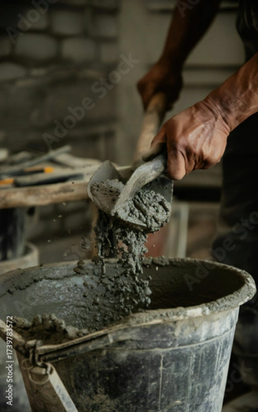 Fototapeta Close up of a craftsman s hands pouring gravel into a bucket for construction or renovation work