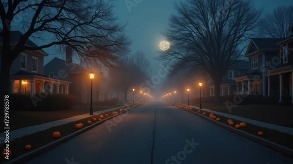 Fototapeta Vertical view of a quiet neighborhood street with glowing porch lanterns and light fog, scattered pumpkins add a gentle Halloween touch

