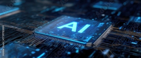 Fototapeta Futuristic AI microchip with glowing circuits on a digital motherboard, perfect for technology presentations, IT innovation, artificial intelligence, and modern computing visuals