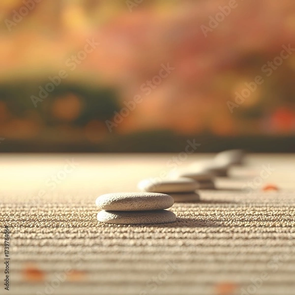 Fototapeta Zen garden stones stacked in a row symbolizing balance and meditation, autumn background