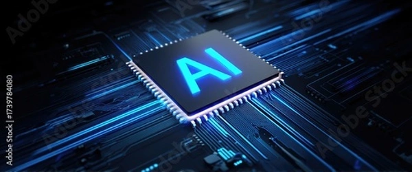 Fototapeta AI microchip with glowing blue circuits on a futuristic motherboard, perfect for IT innovation, artificial intelligence, cloud computing, and advanced digital technology visuals
