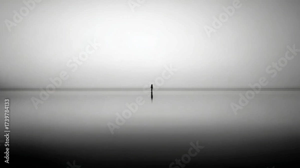 Fototapeta A solitary figure stands in vast shallow waters under a monochrome sky,